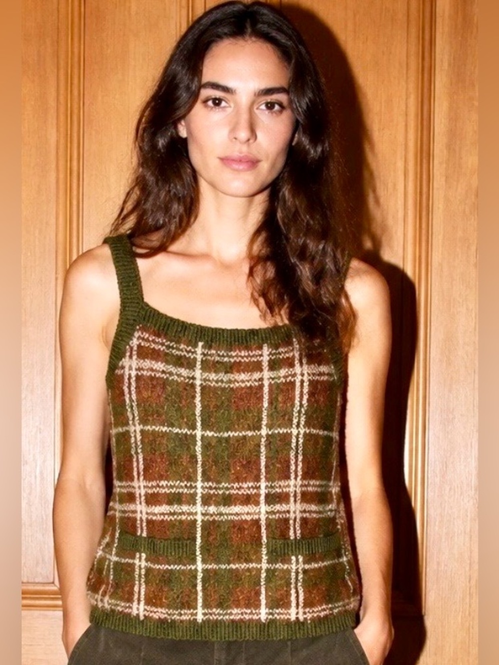 Zara Woman’s Plaid Knit Sweater in Olive Green w/Faux Front Pockets S